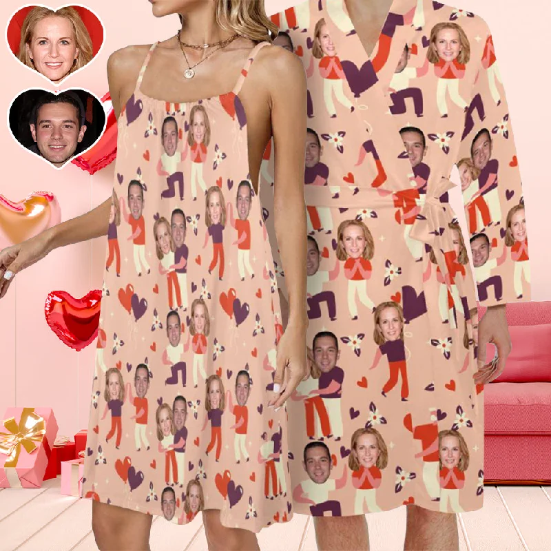 Valentine's Day Couple Matching Loungewear Custom Face Pajama Drawstring Neck Sleeveless Dress and Belted Night RobeCamisoleGriffin