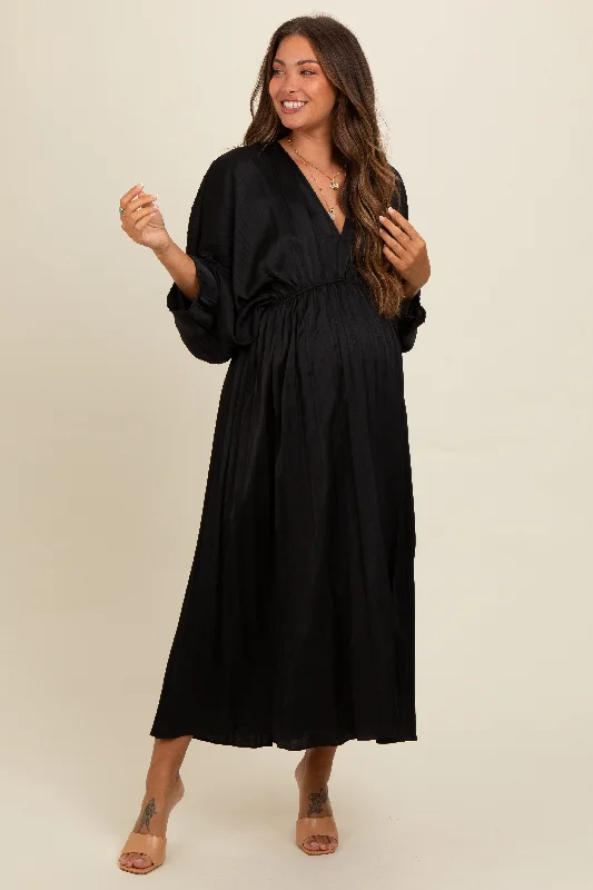 Black Satin Pleated V-Neck Maternity Maxi DressThermal Dress