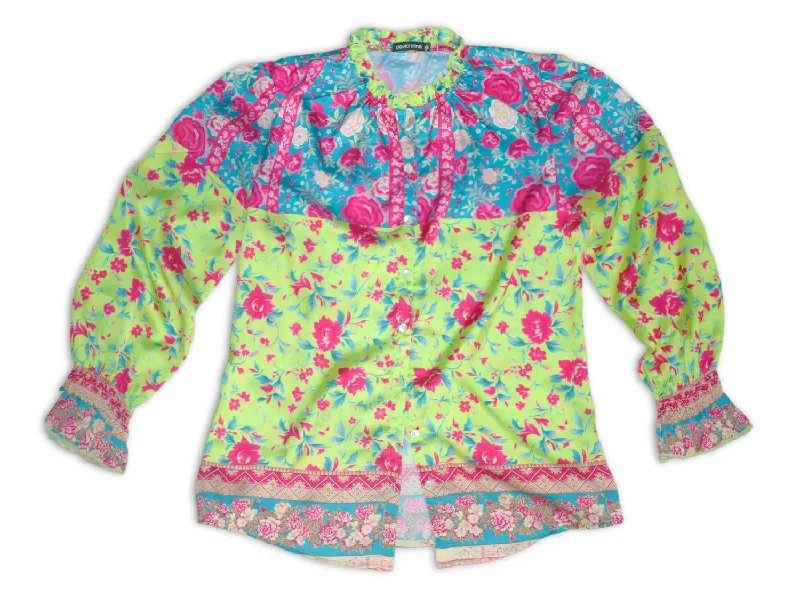 Satin Shirred Sleeve Button-Up Shirt In Floral KiwiCasual Shirts