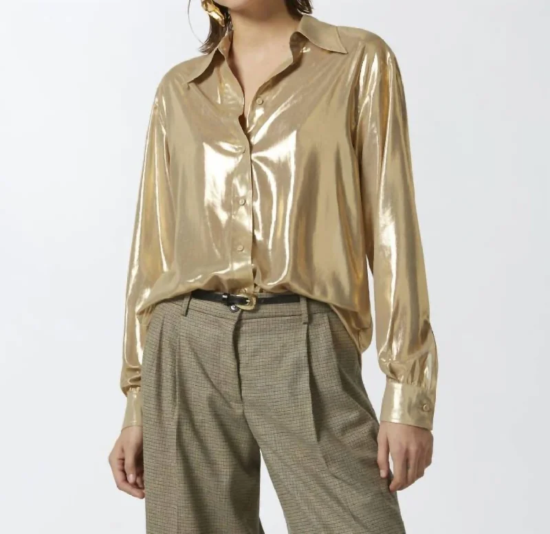 Laminated Georgette Button Up Shirt In GoldLogo Shirts