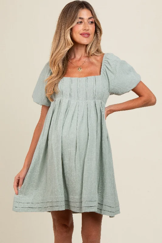 Light Olive Puff Sleeve Layered Hem Maternity DressBallet Dress