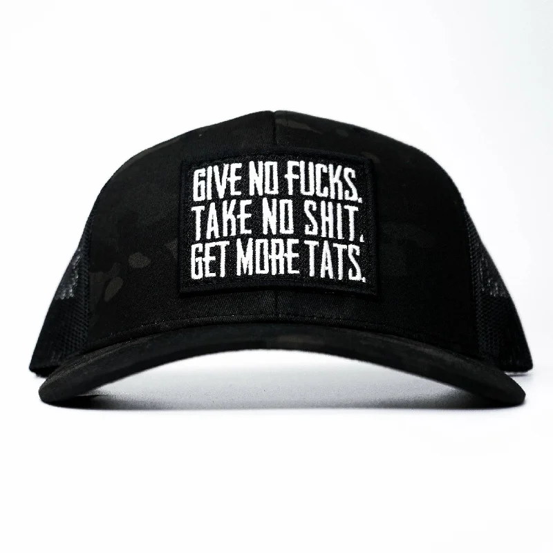 GIVE NO FUCKS. TAKE NO SHIT. GET MORE TATS. MID-PROFILE MESH SNAPBACK