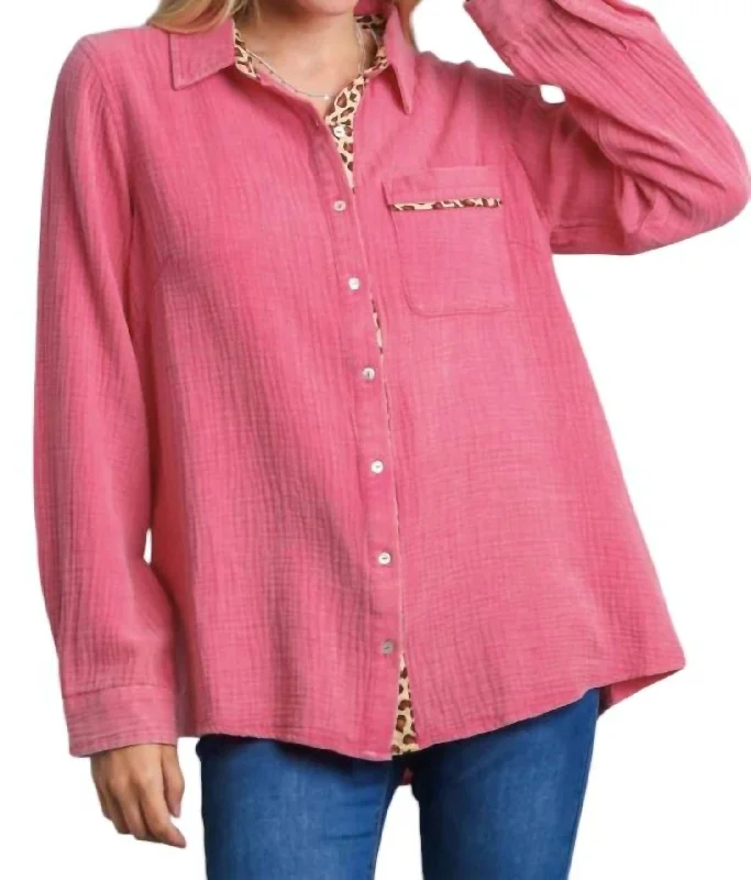 Mineral Wash Cotton Gauze Button Down Shirt In Hot PinkLimited Edition Shirts