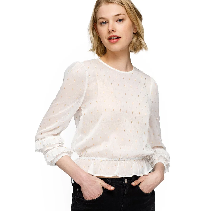 Women's Lace Inset Ruffle Blouse In White