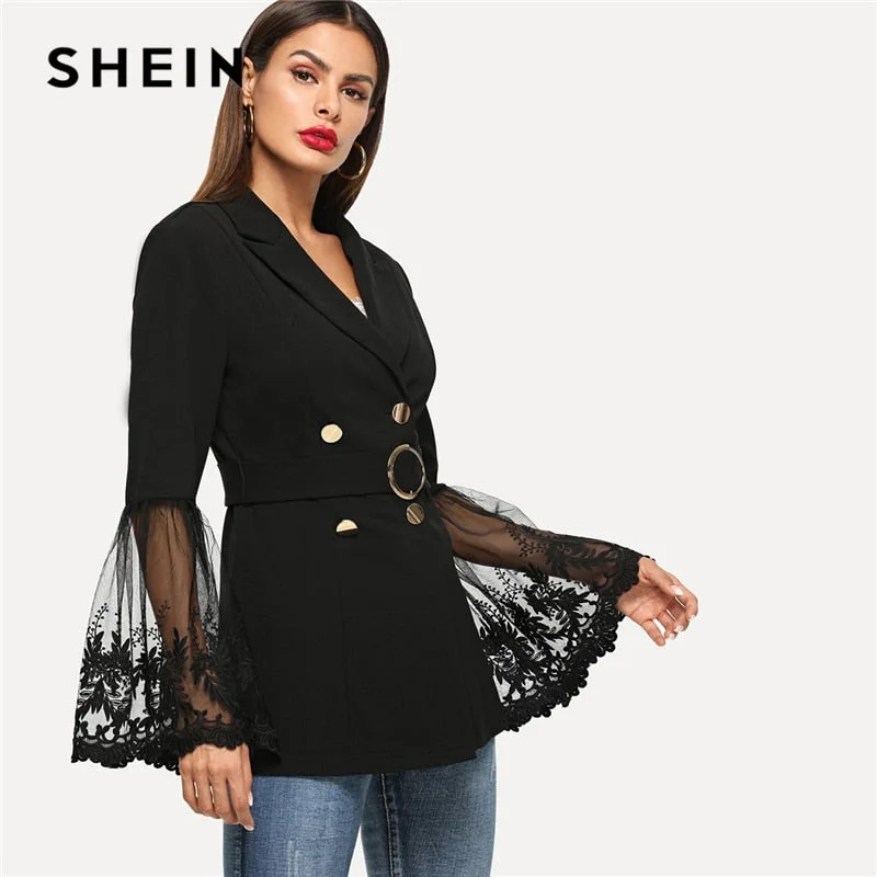 SHEIN Black Office Lady Elegant Embroidered Mesh Insert Bell Sleeve Belted Blazer 2018 Autumn Highstreet Women Coat Outerwear