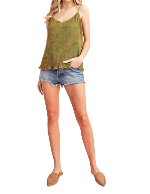 Esmeralda Pleated Cami Top With Lettuce Hemline In Green/orange MultiCamisoleZen