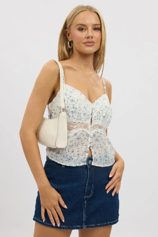 White Floral Cami Top Button FrontCamisoleSurge