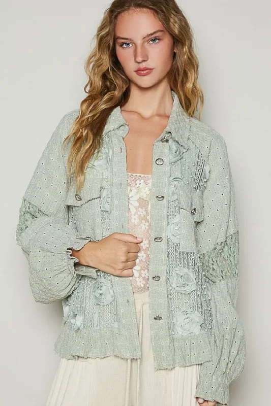 POL Eyelet Flower Pearl Detail Lace Patchwork ShirtFormal Shirts