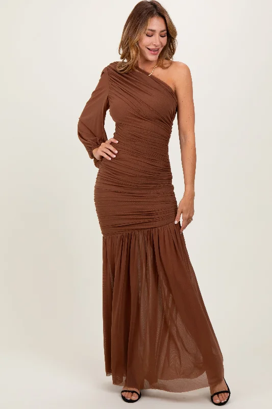 Mocha Ruched Mesh One Shoulder Asymmetric Maxi DressRain Dress