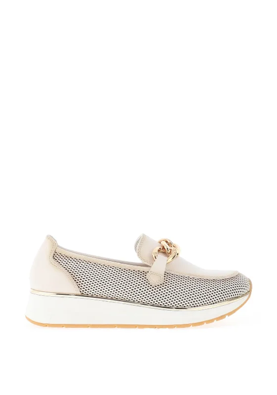 Marco Tozzi Mesh Panel Chrome Link Loafers, Cream & Gold