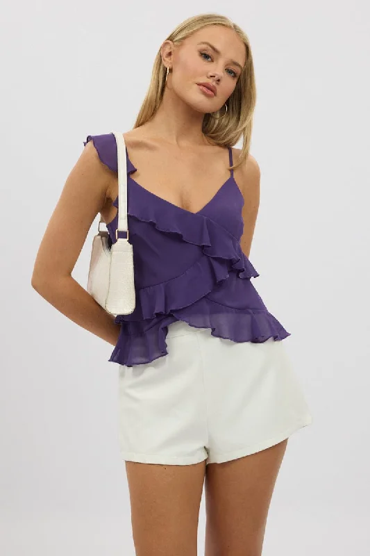 Purple Cami Top Sleeveless Crossover Ruffled DetailsCamisoleWave