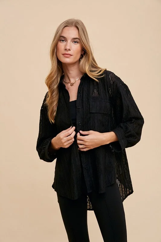 Annie Wear Openwork Button Down Drop Shoulder ShirtButton-Down Shirts