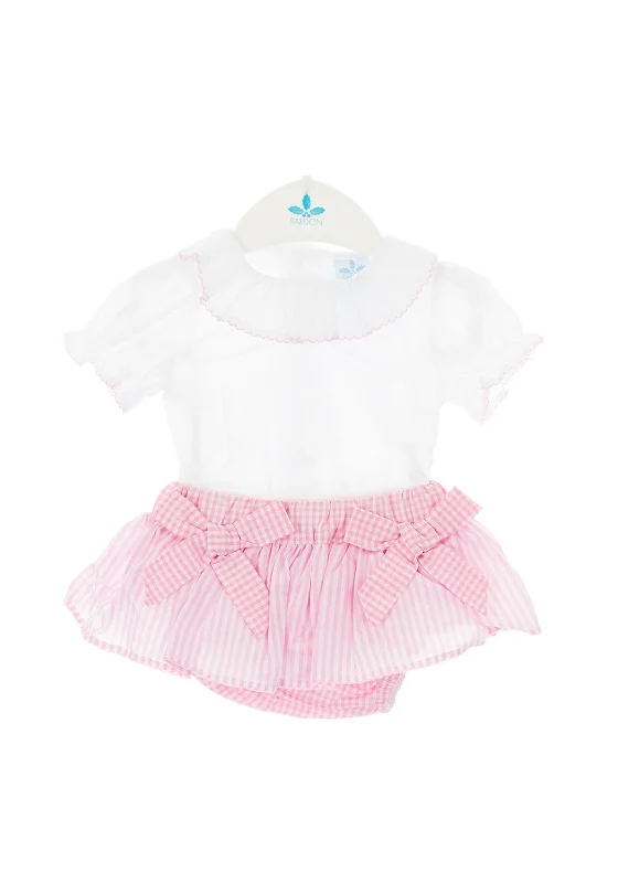 Sardon Girl Gingham T-Shirt & Skirt Set, Pink & White