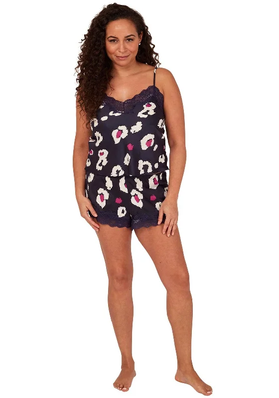 Indigo Sky Leopard Print Satin Short Pyjama Set, Navy