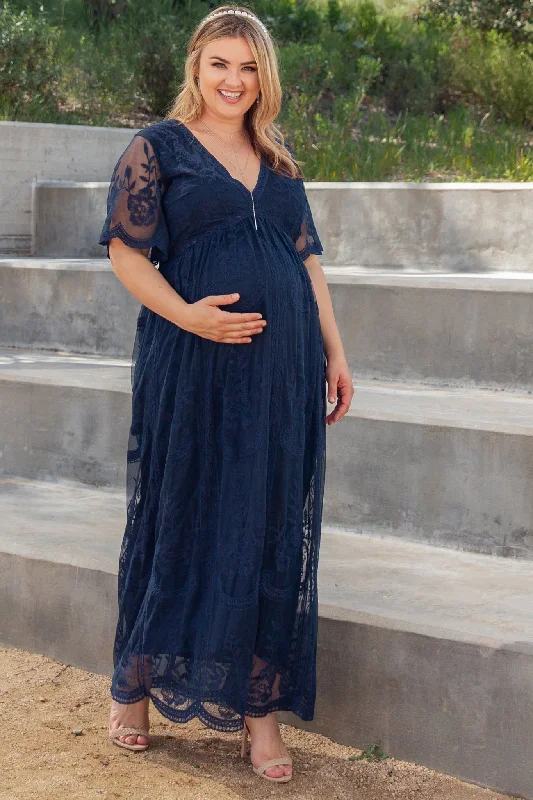 PinkBlush Navy Lace Mesh Overlay Plus Maternity Maxi DressOne-shoulder Dress