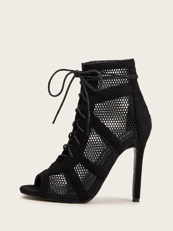 Peep Toe Lace-up Front Mesh Stiletto Heels