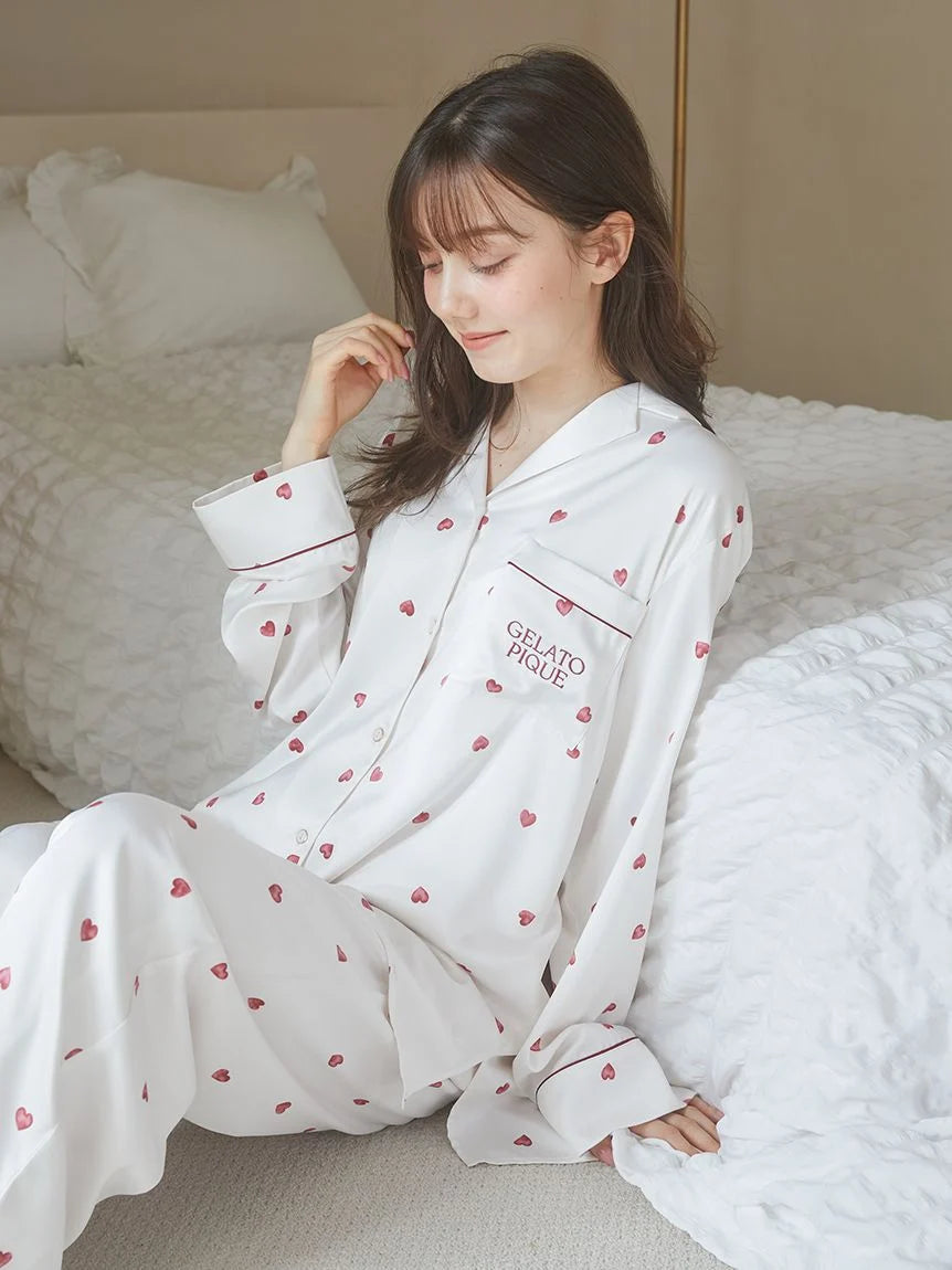 [Valentine] Heart Pattern Satin Pajama ShirtPolyester Shirts