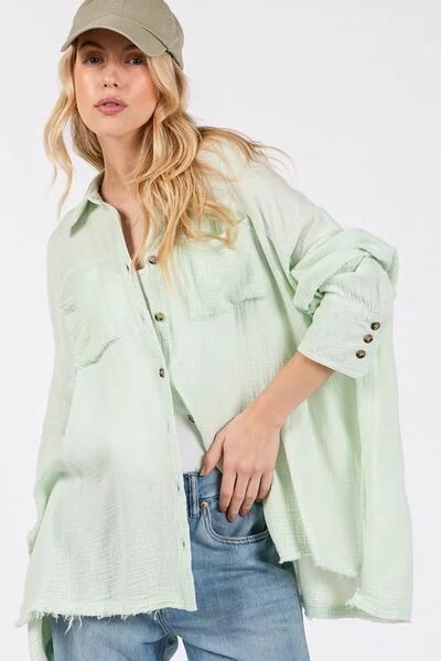 SAGE + FIG Frayed Hem Side Slit Button Down ShirtGlitter Shirts