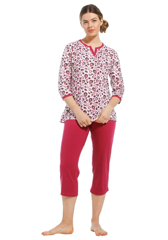 Pastunette Leaf Print Capri Pyjama Set, Dark Pink