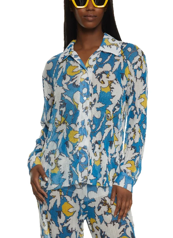 Plisse Mesh Printed Button Front Shirt