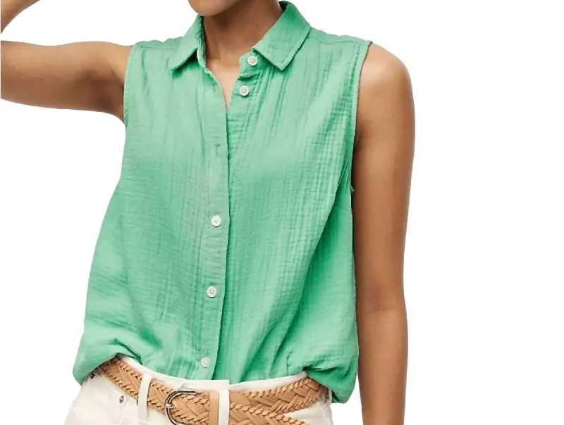 Sleeveless Gauze Button-Up Shirt In GreenRuffled Shirts