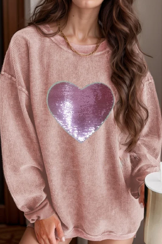 Running SweatshirtsValentine’s Day Sequin Heart Round Neck Long Sleeve Sweatshirt