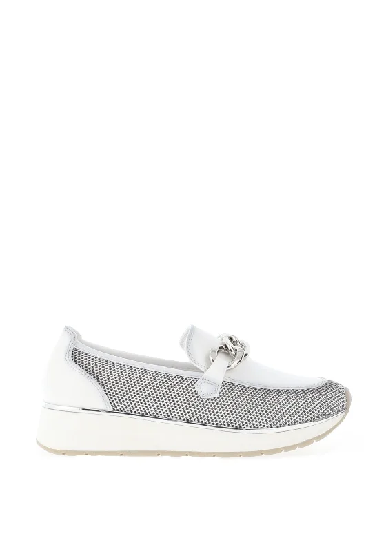 Marco Tozzi Mesh Panel Chrome Link Loafers, White & Silver