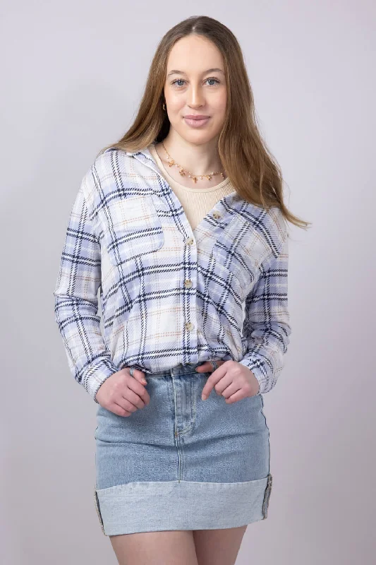 C&C California Marina Luxe Button Up Shirt for Women in Grey Blue Plaid | 89B01934A-C496-BLUEOversized Shirts