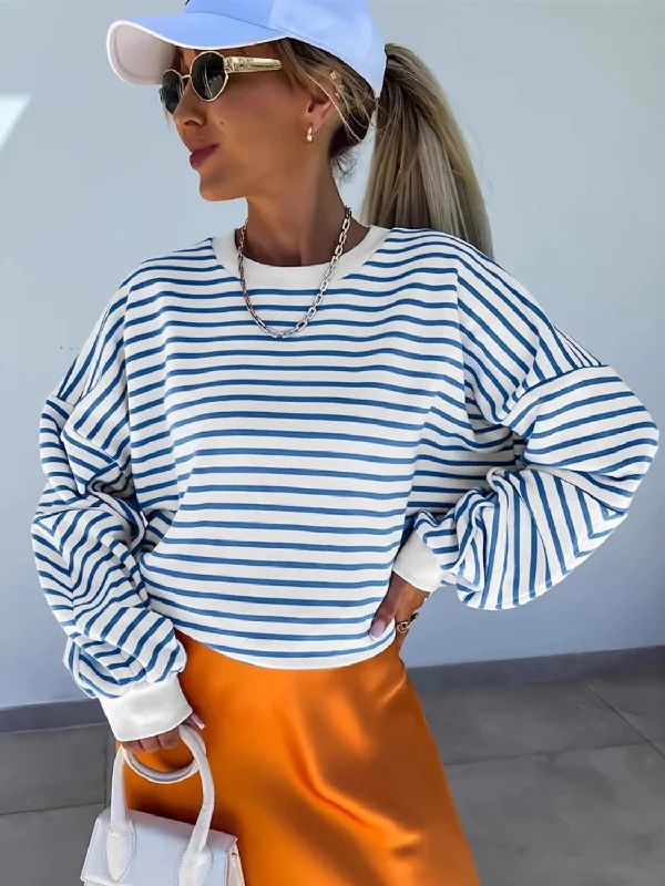 Quilted SweatshirtsFull Size Striped Round Neck Long Sleeve Sweatshirt Plus Size