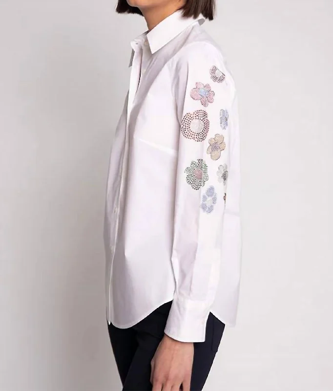 Mafalda Strass Poplin Shirt Top In White Poplin Floral JewelsRunning Shirts