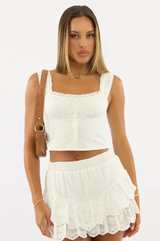 White Frilled Cami Sleeveless Off Shoulder TopCamisoleFlow