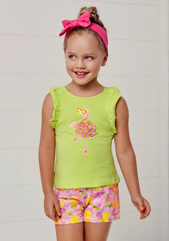 Mayoral Girls Flamingo Tee & Shorts Set, Lime