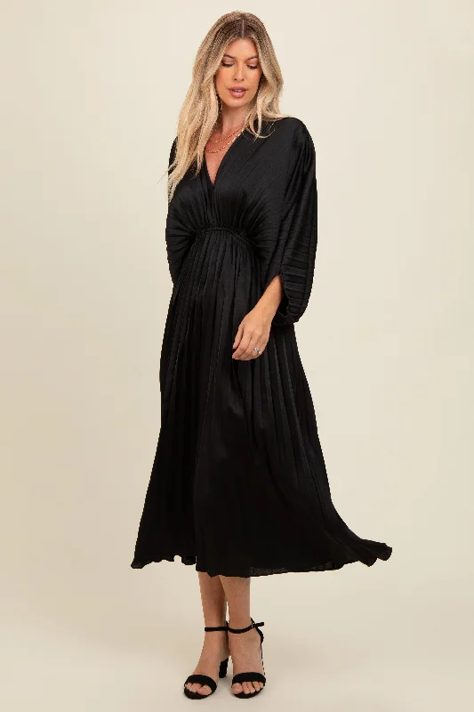 Black Satin Pleated V-Neck Maxi DressReflective Dress