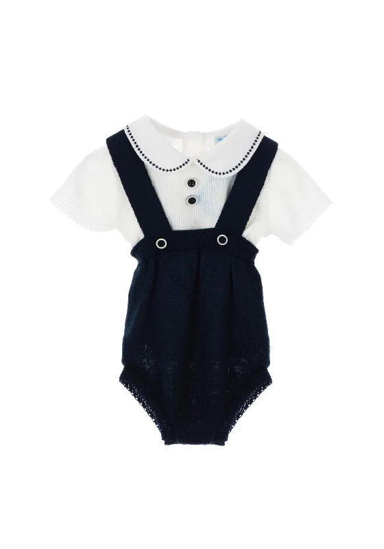 Sardon Baby Boys Knit 2 Piece Dungaree Set, Navy