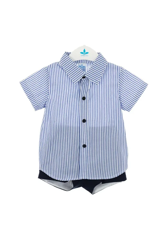 Sardon Boy Stripped Shirt & Short Set, Blue & Navy