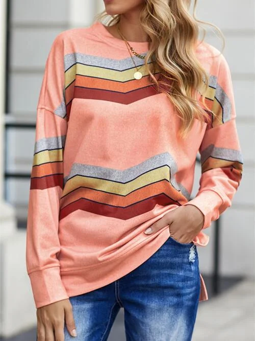 Travel SweatshirtsStriped Dropped Shoulder Slit Sweatshirt