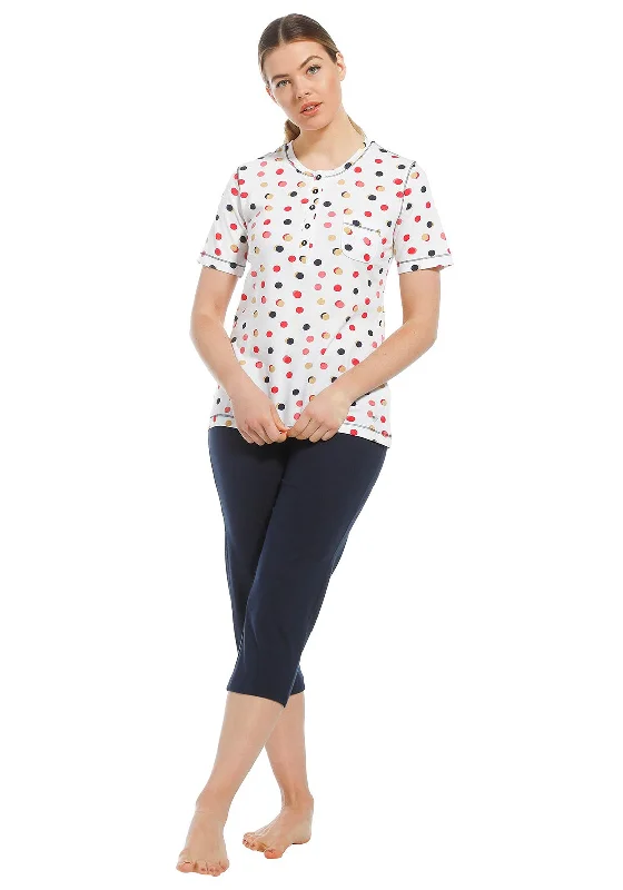 Pastunette Short Sleeve Polka Dot Capri Pyjama Set, White Multi