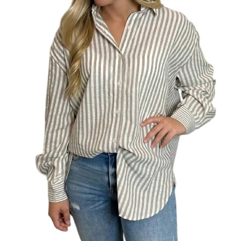 Striped Button Up Shirt In Mushroom And WhiteLinen Shirts