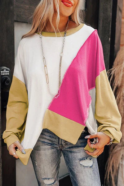 Drawstring HoodiesExposed Seam Patchwork Round Neck Sweatshirt