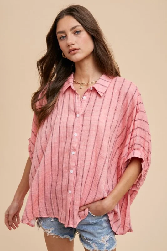 Annie Wear Striped Button Up Half Sleeve ShirtRelaxed Fit Shirts