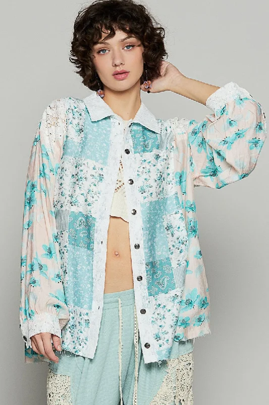 Balloon sleeve lace detail woven print shirt top | POL *30A JANUARY PREORDER))Branded Shirts