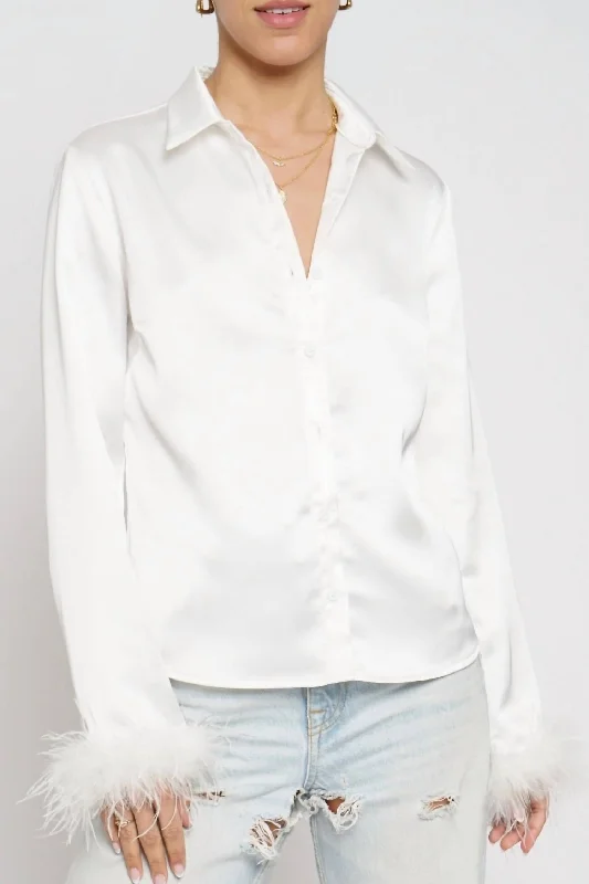 Feather Trim Button Down Shirt In WhiteCropped Shirts