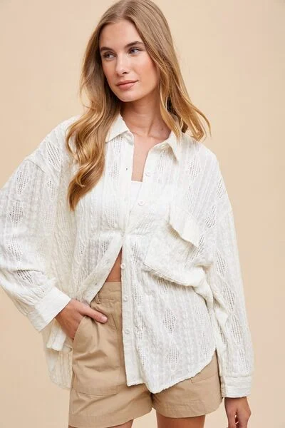 Annie Wear Openwork Button Down Drop Shoulder ShirtSheer Shirts