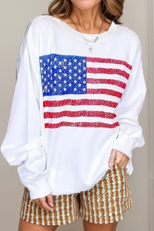 Statement HoodiesUS Flag Round Neck Long Sleeve Sweatshirt