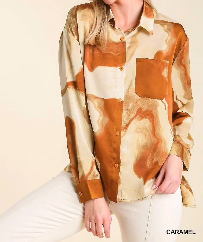 Satin Marble Collared Button Up Shirt In CaramelSequined Shirts