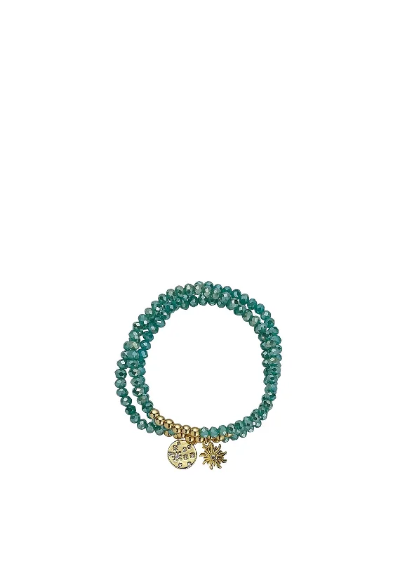 Knight & Day Set of Three Aqua Beaded Bracelets, Gold