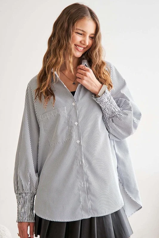 ADORA High-Low Striped Button Down Smocked Lantern Sleeve ShirtDress Shirts