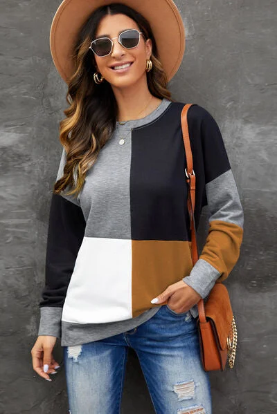 Asymmetrical HoodiesColor Block Round Neck Sweatshirt