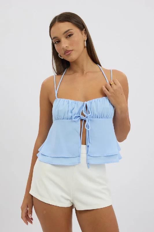 Blue Tie Front Cami Halter Neck SleevelessCamisoleGlow