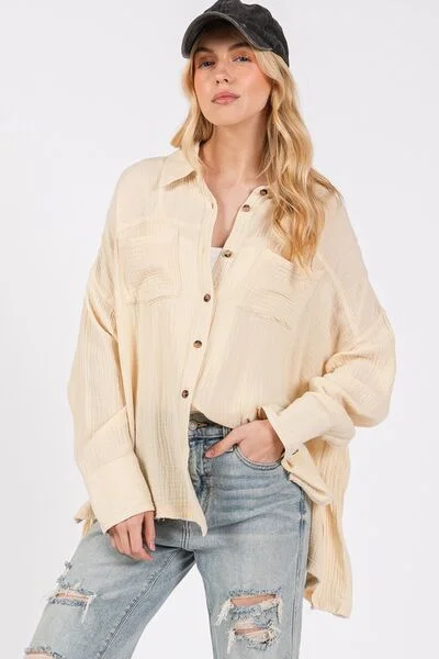 SAGE + FIG Frayed Hem Side Slit Button Down ShirtTasseled Shirts